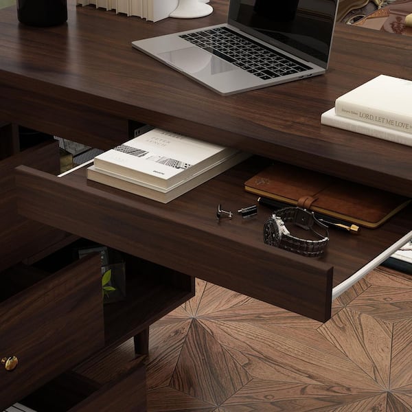 FUFU&GAGA 55.1 in. Width L-Shaped Brown Wooden 3-Drawer Commercial Desk, Computer Desk, Writing Desk with Shelves Storage