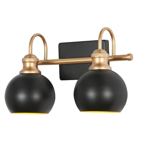 14.2 in. 2-Light Black and Gold Vanity Light with Metal Shades