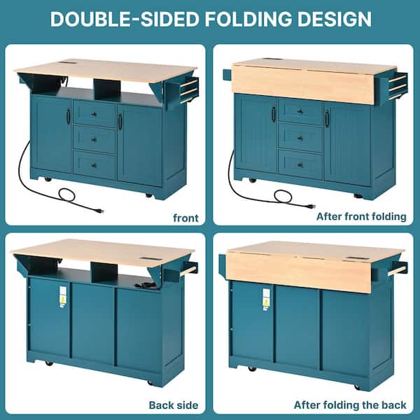 Green Wood Kitchen Cart Kitchen Island Folding Storage Dining Table with 2-Drop Leaf, Power Outlet