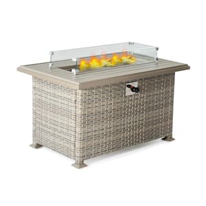 43.3 in. W Beige Brown Wicker Gas Fire Table Patio Propane Aluminium Rectangle Gas Fire Pit with Glass Wind Guard