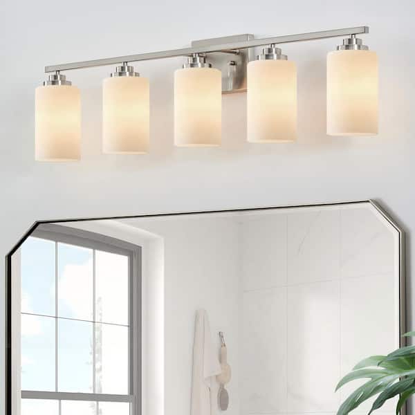 KAWOTI 35 in. 5-Light Brushed Nickel Vanity Light with Frosted Glass Shade