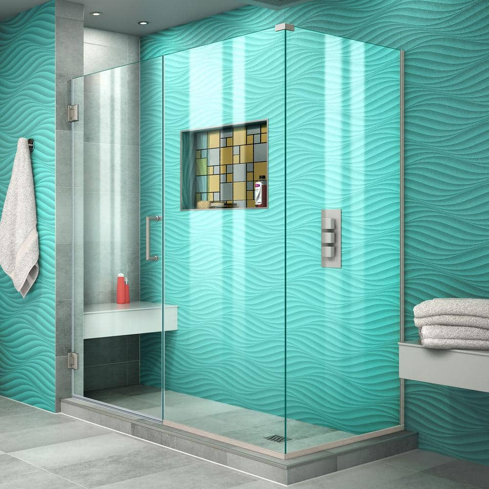 DreamLine Unidoor Plus 56.5 in. W x 34-3/8 in. D x 72 in. H Frameless Hinged Shower Enclosure in Brushed Nickel