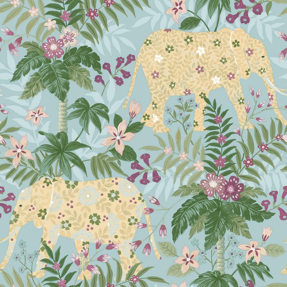 Into The Wild Blue Metallic Floral Elephant Non-Pasted Non-Woven Paper Wall