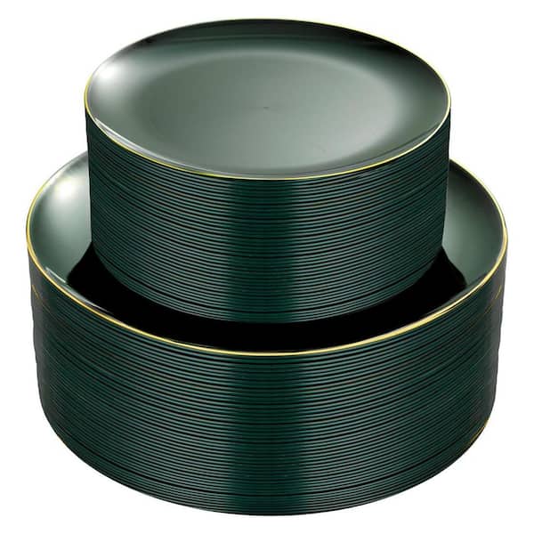 Green Plastic Disposable Plates with Gold Rim - 100-Piece (50-Dinner and 50-Dessert Plates)