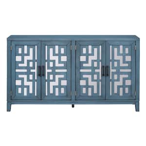 Navy Blue and Solid Wood 60 in. Mirrored Buffet Sideboard with 2-Adjustable Shelves