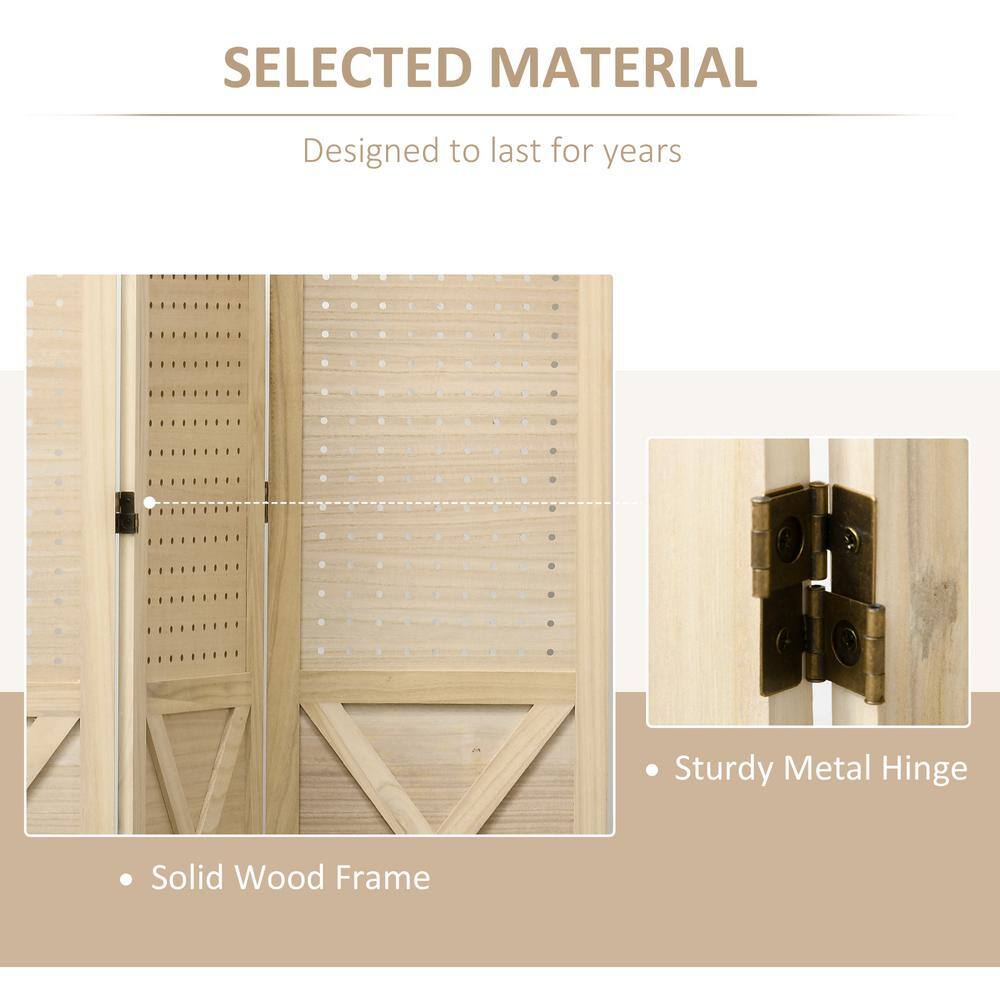 Natural Wood Folding 3-Panel Room Divider with Pegboard Display