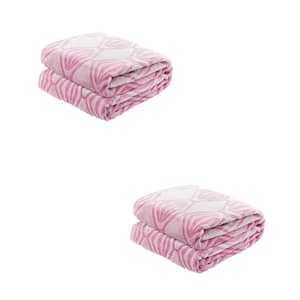 Geometric Pink Flannel Sherpa 80 in. x 90 in. Throw Bed Blanket (2-Pack)