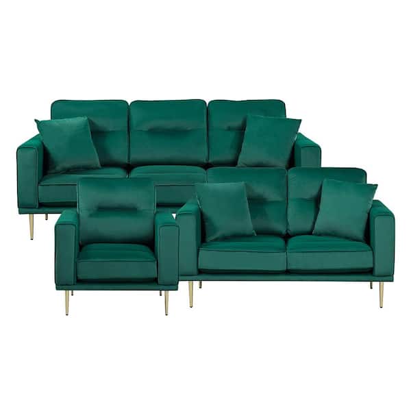Lazzara Armando 82 in. W Straight Arm Velvet Rectangle 3-Piece Living Room Sofa Set in Green