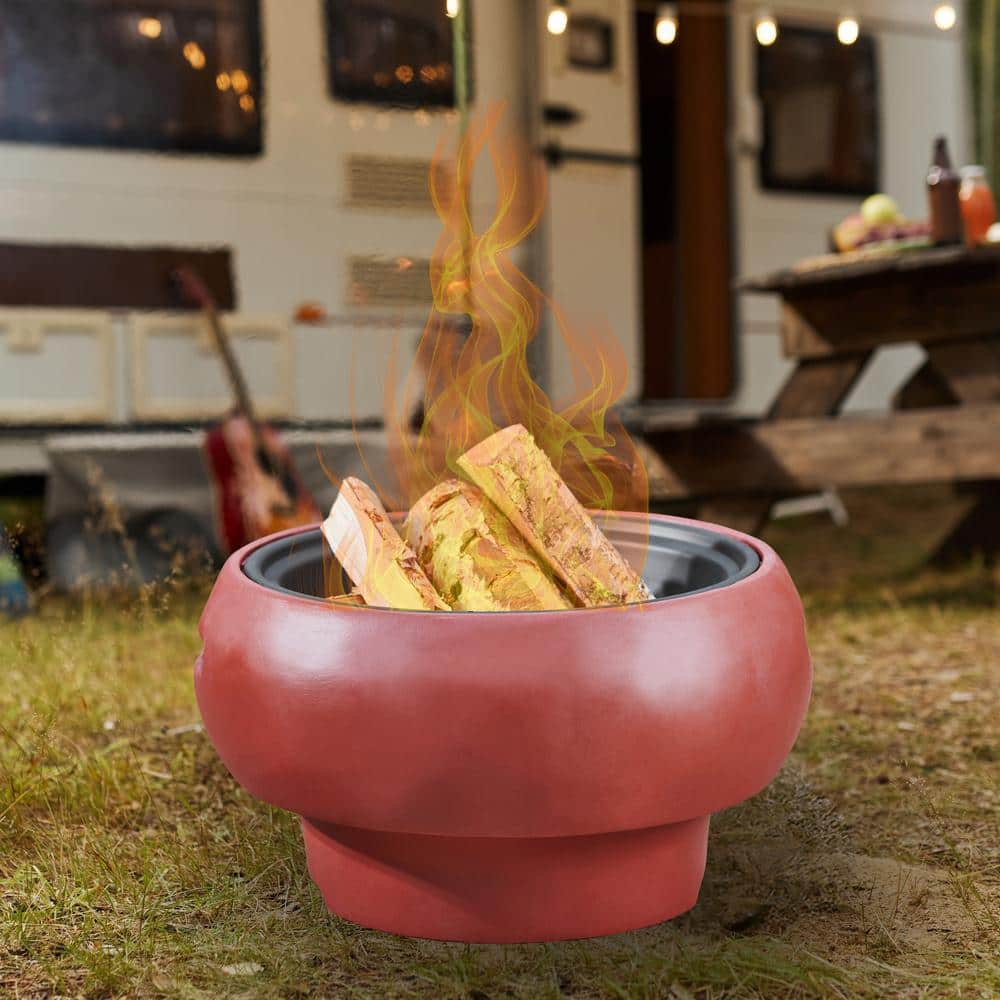 Maroon Round Wood Burning Fire Pit with Faux Concrete Base
