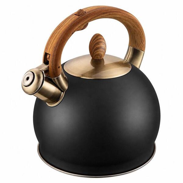 15-Cup Polished Black Stainless Steel Stovetop Tea Kettle, 2.6 qt. Whistling Loud Tea Kettle Tea Pot