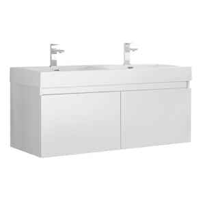 Mezzo 48 in. Modern Wall Hung Bath Vanity in White with Double Vanity Top in White with White Basins