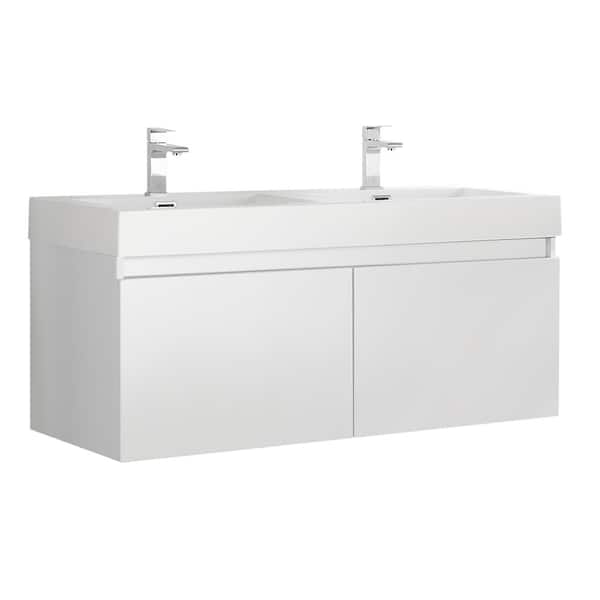 Fresca Mezzo 48 in. Modern Wall Hung Bath Vanity in White with Double Vanity Top in White with White Basins