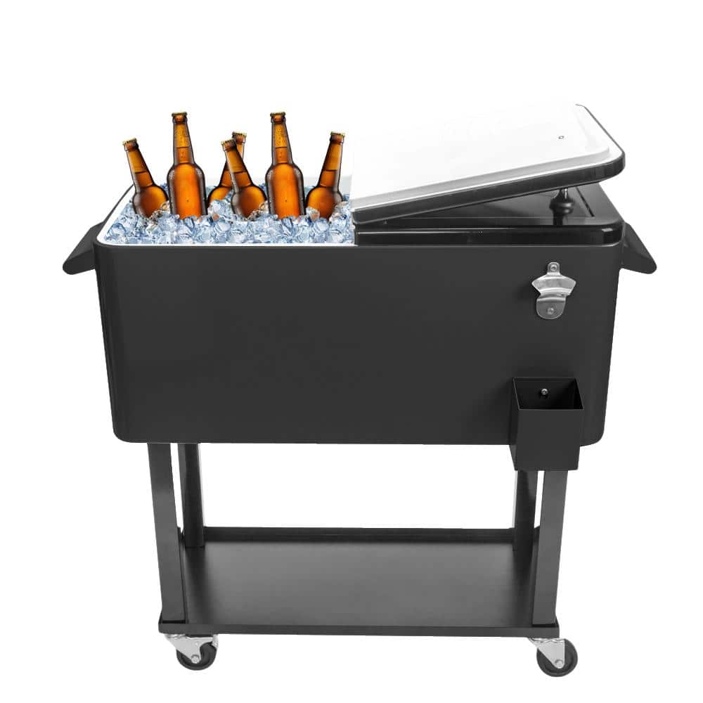 Karl home Black 80 Qt. Iron Beverage Wheeled Cooler with Shelf 231317479856