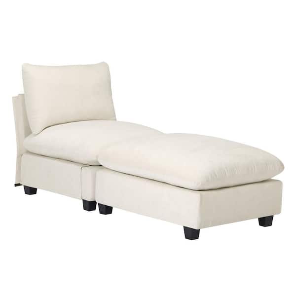 Lucca Plush Chenille Upholstered Armless Modular Single Sofa Accent Chair w/ Footstool Ottoman Set, Cream