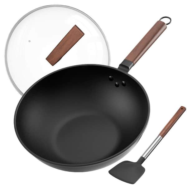 Black 13 in. Carbon Steel Wok, Including Glass Cover and Silicone Spatula, Woks & Stir-Fry Pans for Induction, Electric