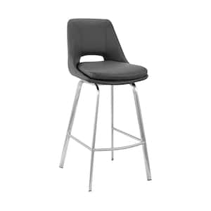 Carise 26 in. Counter Height Gray/Brushed Stainless Steel High Back Stool with Faux Leather