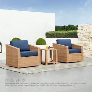 Cyril 3 Pieces Brown Fabric Wicker Swivel Chairs and Side Table Set with Blue Cushions for Outdoor & Indoor Use