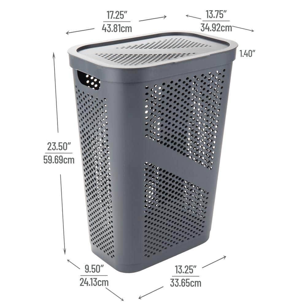 Gray Perforated Plastic Collapsible Laundry Hamper with Lid