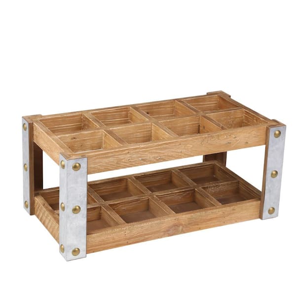 Benjara 8-Bottle Brown and Silver Wooden Rectangular Metal Wine Rack