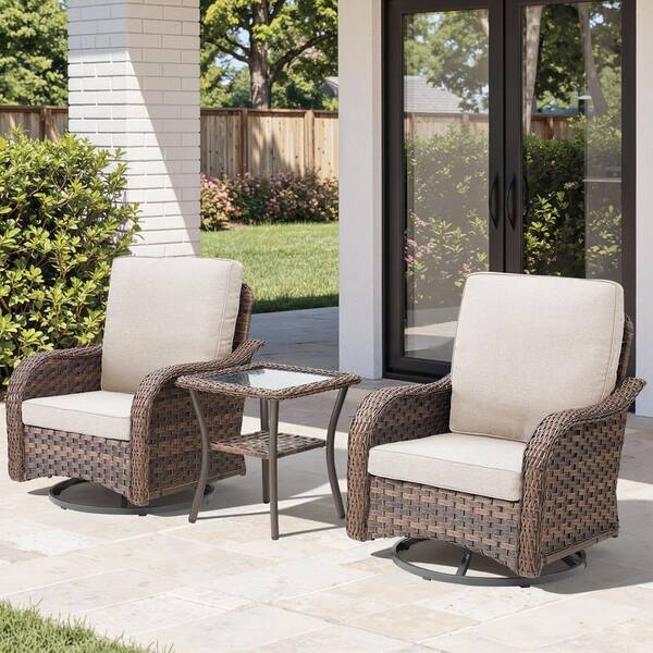 Rainf 3-Piece Brown Wicker Outdoor Rocking Chair Set Patio Swivel Glider Lounge Chair with Beige Cushions and Side Table
