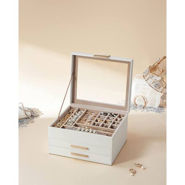 Afoxsos 9.1 x 8 x 5.3 in. Cloud White MDF Jewelry Box with Glass