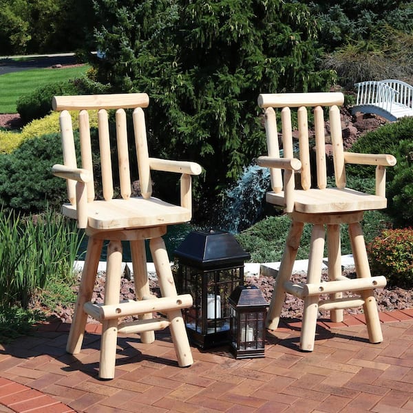 2-Pack PE Wicker Patio Outdoor Bar Stool with Acacia Wood Armrests