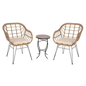 3-Piece Wicker Outdoor Bistro Set with 2 PE Wicker Chairs and Coffee Table with Cushion for Backyard, Patio