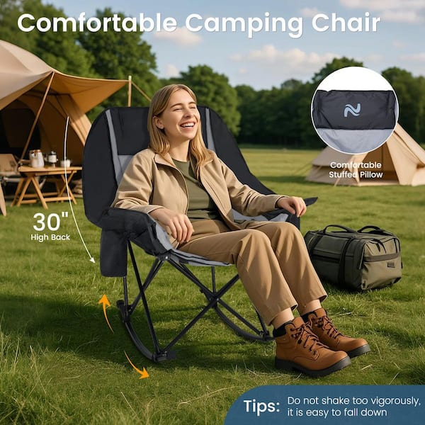 Oversized Rocking Camping Chair Metal Portable Foldable Outdoor Rocking Chair for Camping, Black and Gray
