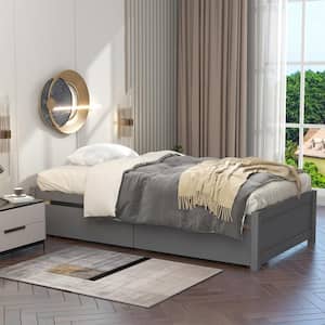 Gray Solid Wood Twin Platform Bed Frame with 2-Urban Drawers Storage Bed with Wooden Slat (No Box Spring Needed)