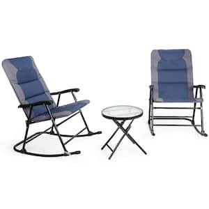 Folding 3-Piece Steel Outdoor Bistro Rocking Chair Set with Blue and Grey Cushions