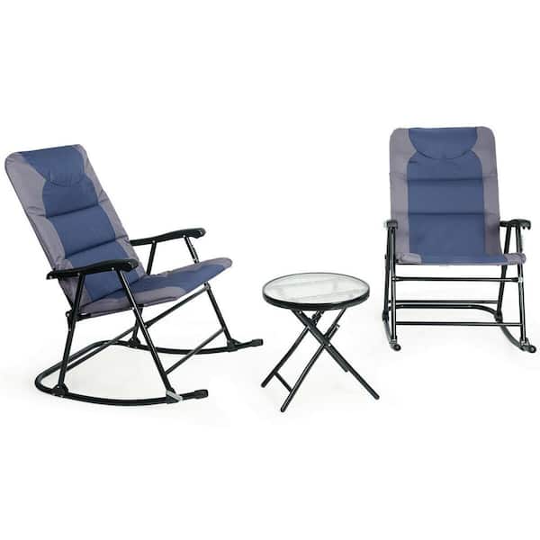 Costway Folding 3-Piece Steel Outdoor Bistro Rocking Chair Set with Blue and Grey Cushions
