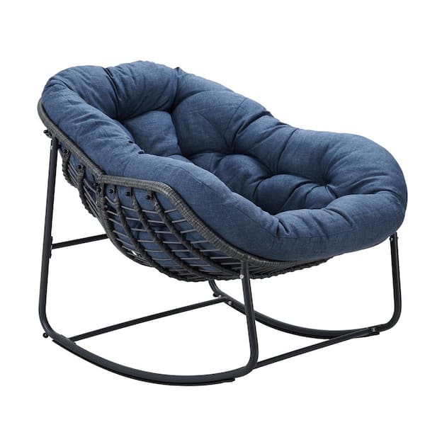 Unbranded Metal Rattan Outdoor Rocking Chair Rocker Recliner Chair with Navy Blue Cushion (1-Pack)