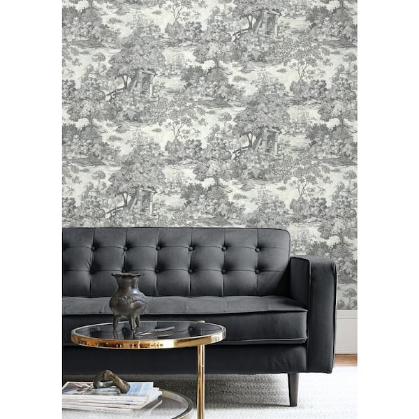 Walls Republic Tropical Floral Branches Wallpaper Charcoal Paper Strippable Roll (Covers 57 Sq. ft.), Grey