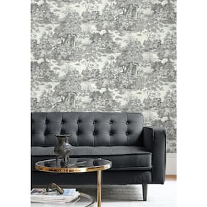 60.75 sq. ft. Metallic Charcoal Morin Fountain Toile Unpasted Paper Wallpaper Roll