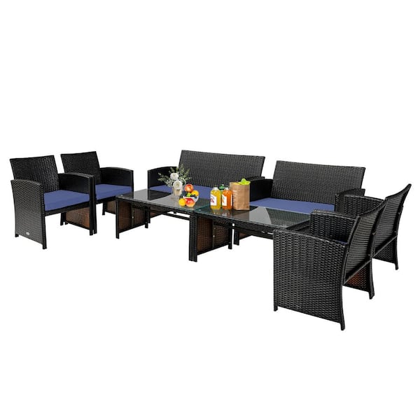 Costway Brown 4-Piece Rattan Furniture Set Patio Conversation Set with Navy Cushions