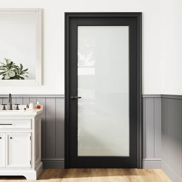 36 in. x 80 in. Solid MDF Core 1-Lite Tempered Frosted Glass and Manufacture Wood Black Finished Interior Door Slab