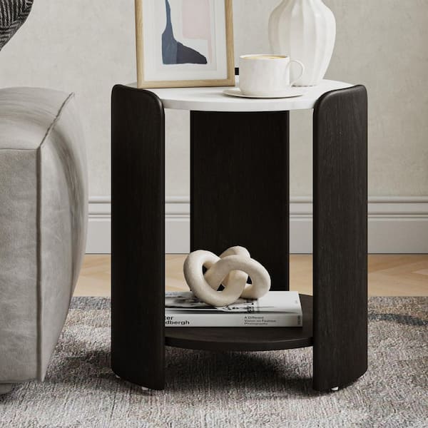 Jade 19 in. Black Round Faux Marble End Table with Oak Veneer Wood Legs