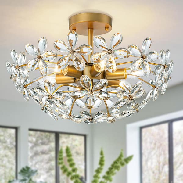 18 in. Gold Flush Mount Crystal Ceiling Light, 6-Light Chandelier Fixture for Bedroom, Living Room, Hallway, Entryway