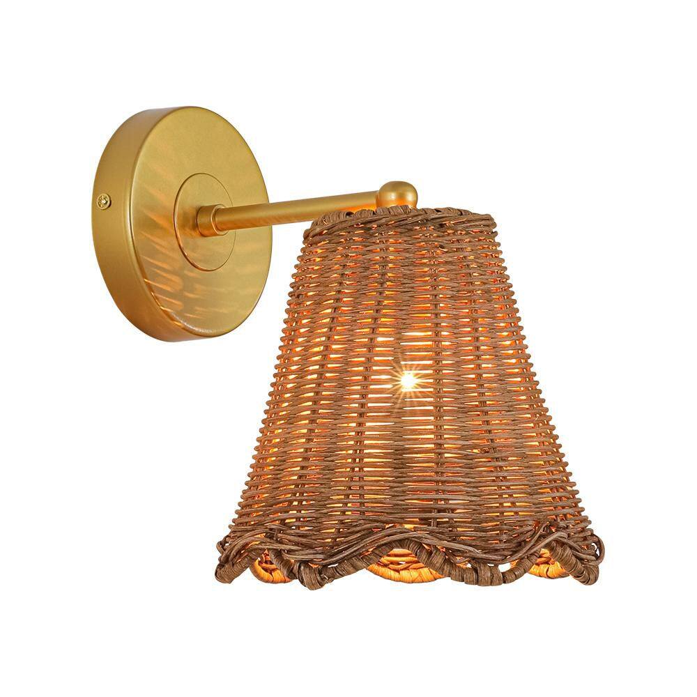 Ravia 7 in. 1-Light Painted Gold Modern Farmhouse Wall Sconce with Handwoven Woven Rattan Scalloped Edges Shade price history on PriceWatchPro