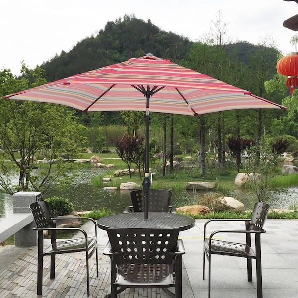 Coporesell 9 ft. Metal Patio Umbrella in Red striped with Crank and Push Button Tilt