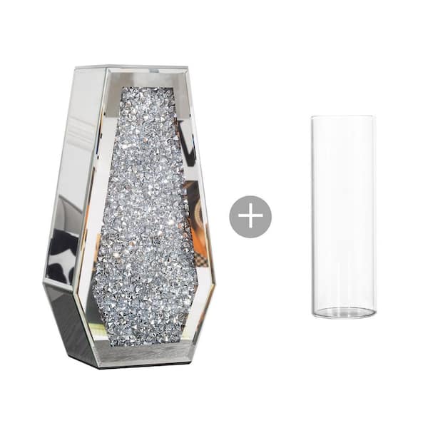 12 in. Silver Glass Urn Decorative Vase with Crushed Diamond Flower Vases Crystal Glass Vase, Can Hold Water