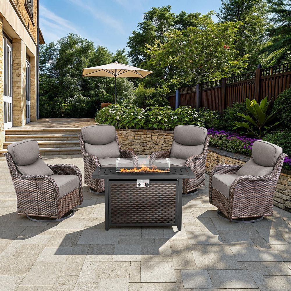 Arcadia Brown 5-Piece Wicker Patio Fire Pit Set, 4-Person Seating Set with Olefin Gray Cushions and Swivel Gliders price history on PriceWatchPro
