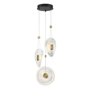 Topknot 15-Watt 3-Light Black and Brushed Gold Pan Integrated LED Shaded Pendant Light with Clear Pressed Glass Shades