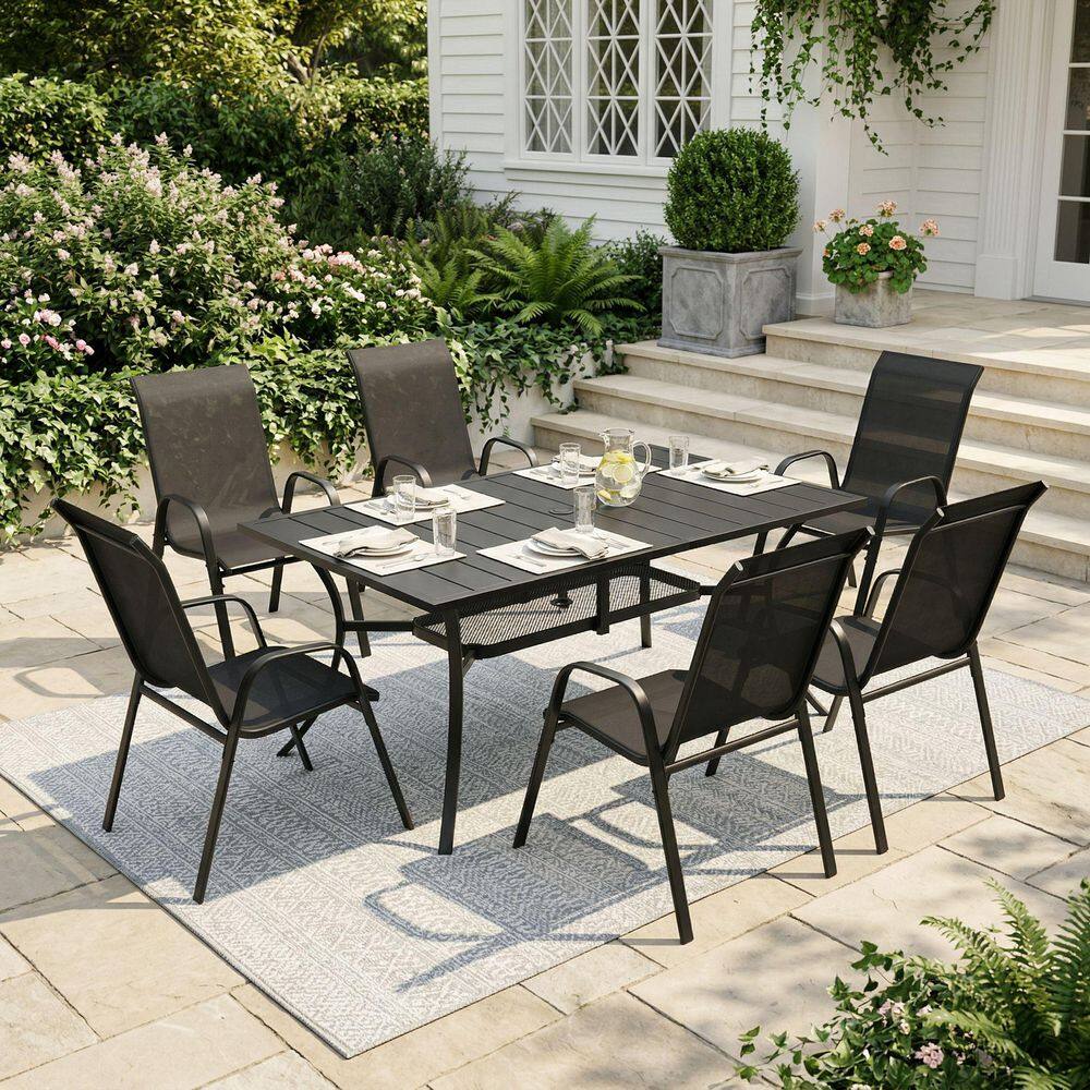 7-Piece Metal Outdoor Dining Set with 59.2 in. Black Rectangular Table and 6 Black Stackable Textilene Dining Chairs price history on PriceWatchPro