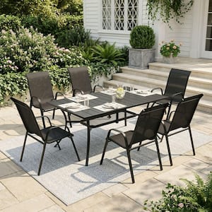 7-Piece Metal Outdoor Dining Set with 59.2 in. Black Rectangular Table and 6 Black Stackable Textilene Dining Chairs