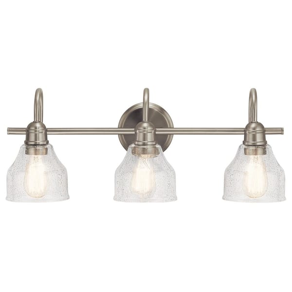 Avery 24 in. 3-Light Brushed Nickel Vintage Bathroom Vanity Light with Clear Seeded Glass