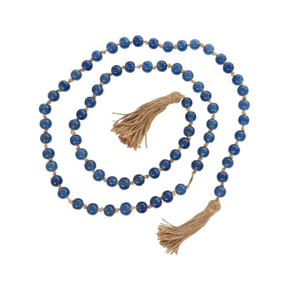 Litton Lane Blue Handmade Glass Round Long Beaded Garland with Tassel with Knotted Brown Jute