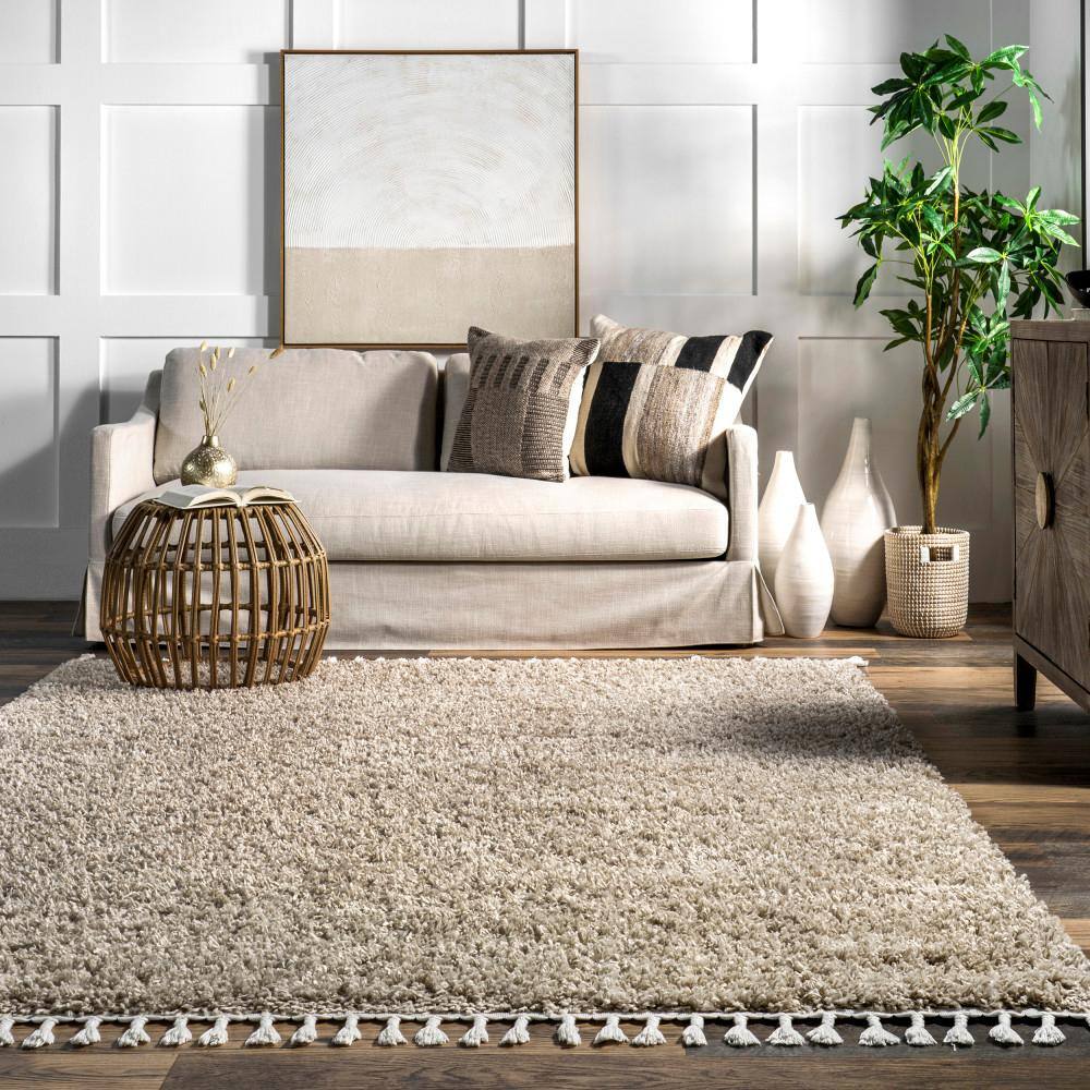 Braided Beige Rectangular Shag Area Rug with Tassels