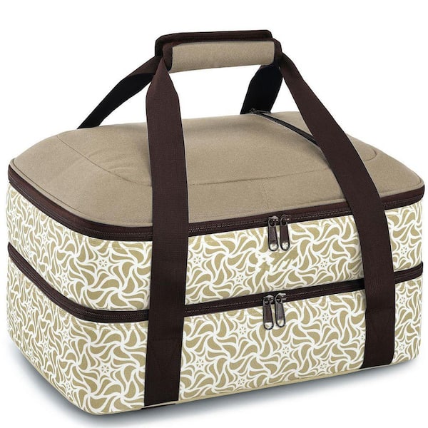 1-Piece Khaki Insulated Dual Compartment Food Carrier Set Thermal Tote for Hot or Cold Casserole Potluck Travel