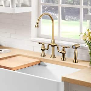 Brass Double Handle Deck Mounted Bridge Kitchen Faucet with Side Sprayer in Brushed Gold